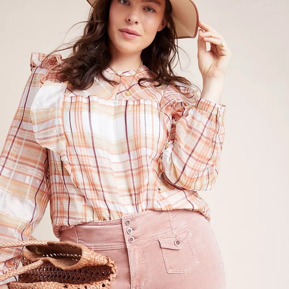 NWOT Anthropologie Polly Ruffled Peasant Blouse Plaid Top Medium - Picture 7 of 16